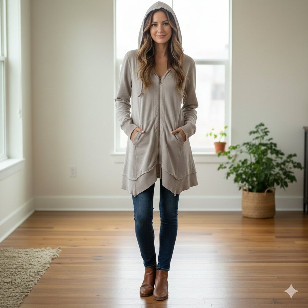 XCVI Wearables Hoodie Size Large Taupe Brown Zip Up Cotton Sharkbite Hem Boho